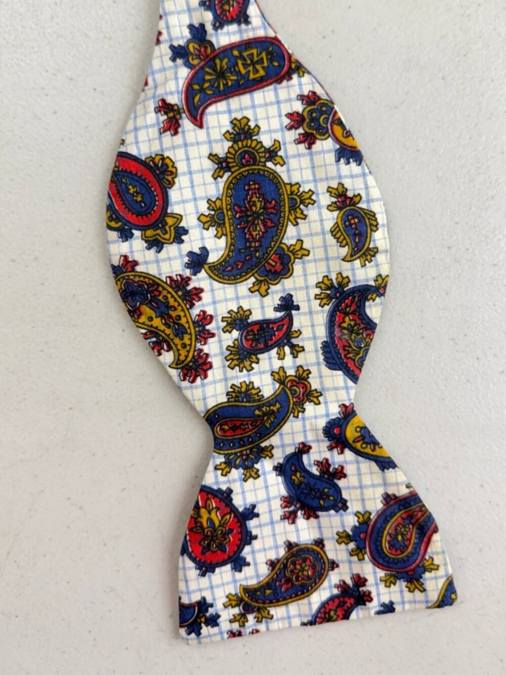 Vintage Plaid Paisley Print Cotton Bow Tie 70s Cream Preppy Adjustable Bowtie